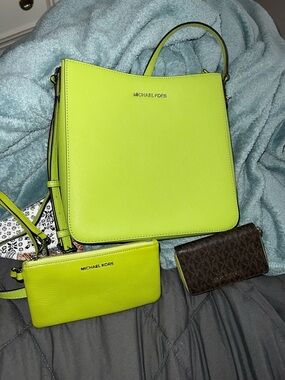 Michael Kors Neon Lime Crossbody Tote with Matching Wristlet and Wallet